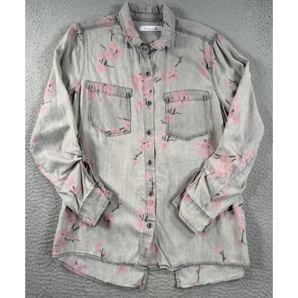 Billy T‎ Cherry Blossom Shirt Womens Medium Gray Pink Floral Button Up Boho